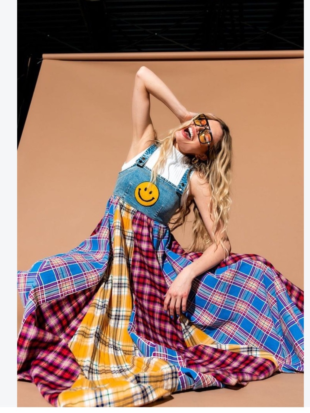 Dressed in LaPatchwork Plaid Maxi Skirt Dress with Smile Patch - Blue/Yello